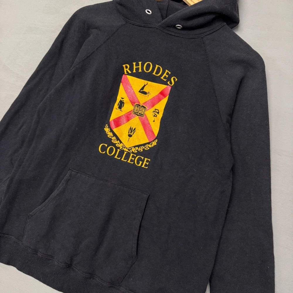 Vintage 80s Champion Rhodes College Hoodie Sweatshirt Black Crest Large Made USA